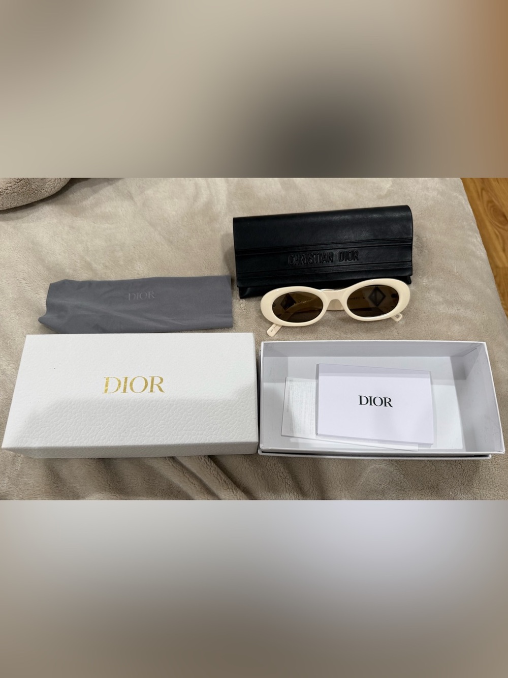 Dior Ivory Oval Sunglasses with Brown Lenses and Black Case